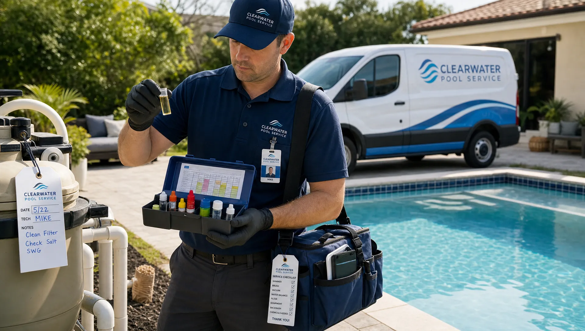 A pool service technician stands beside a clear backyard pool with a water testing kit, equipment tags, and a neatly parked service van, showing organized field documentation and route work.