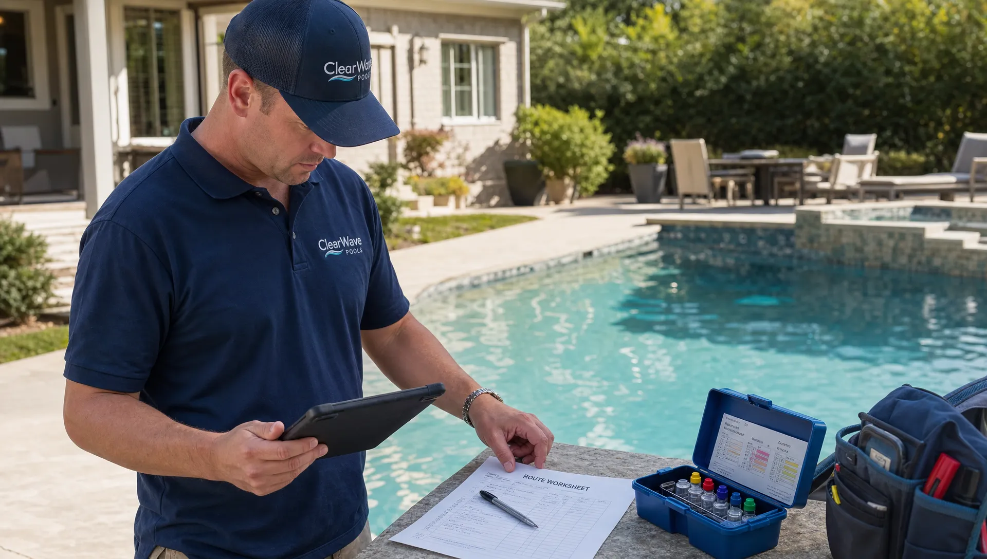 A pool contractor stands beside a backyard pool with a tablet, test kit, and route worksheet while checking pricing notes before a visit.