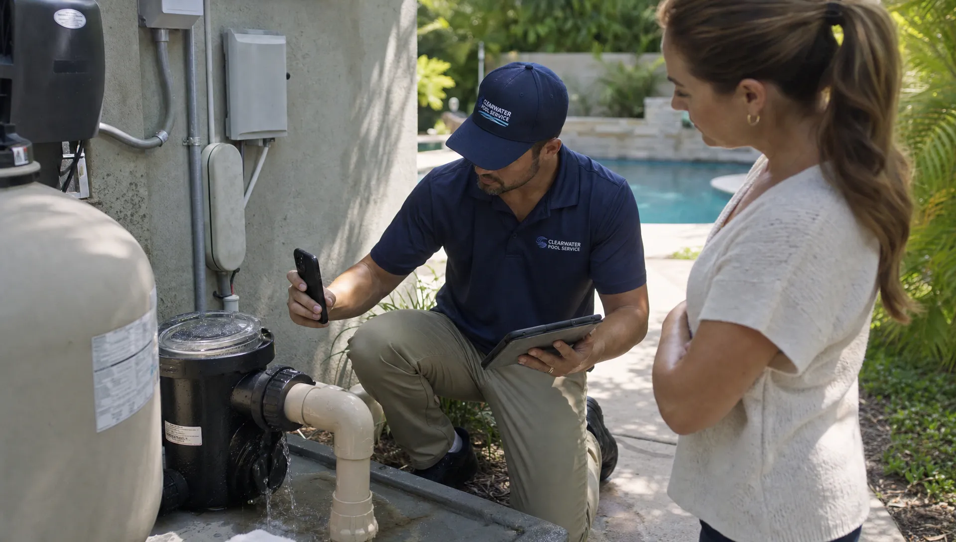 A pool service technician kneels beside a residential pool equipment pad, photographing a leaking pump fitting and checking a tablet while the homeowner stands nearby reviewing the repair details.