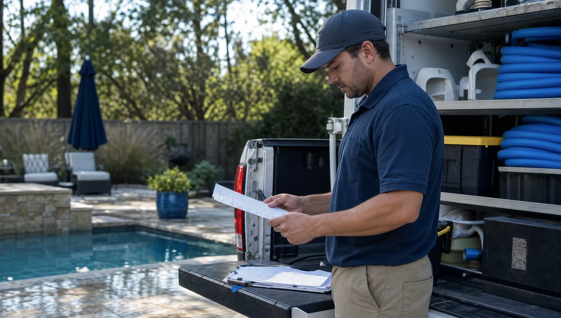 A pool service contractor reviews a route sheet and equipment checklist beside an open truck near a backyard pool.