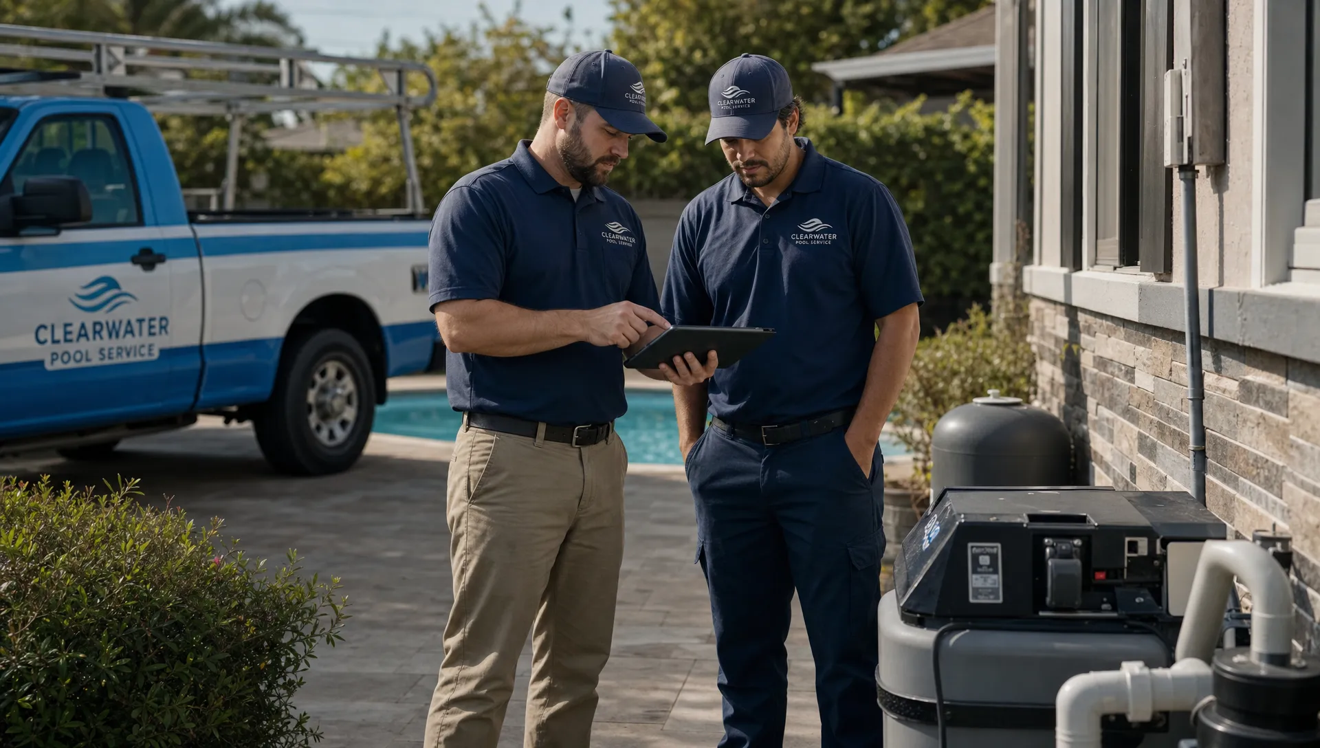 A pool service manager and technician standing beside an equipment pad and patio with a tablet facing them, reviewing a customer record and service checklist; a service truck is parked nearby and the pool is visible in the background.