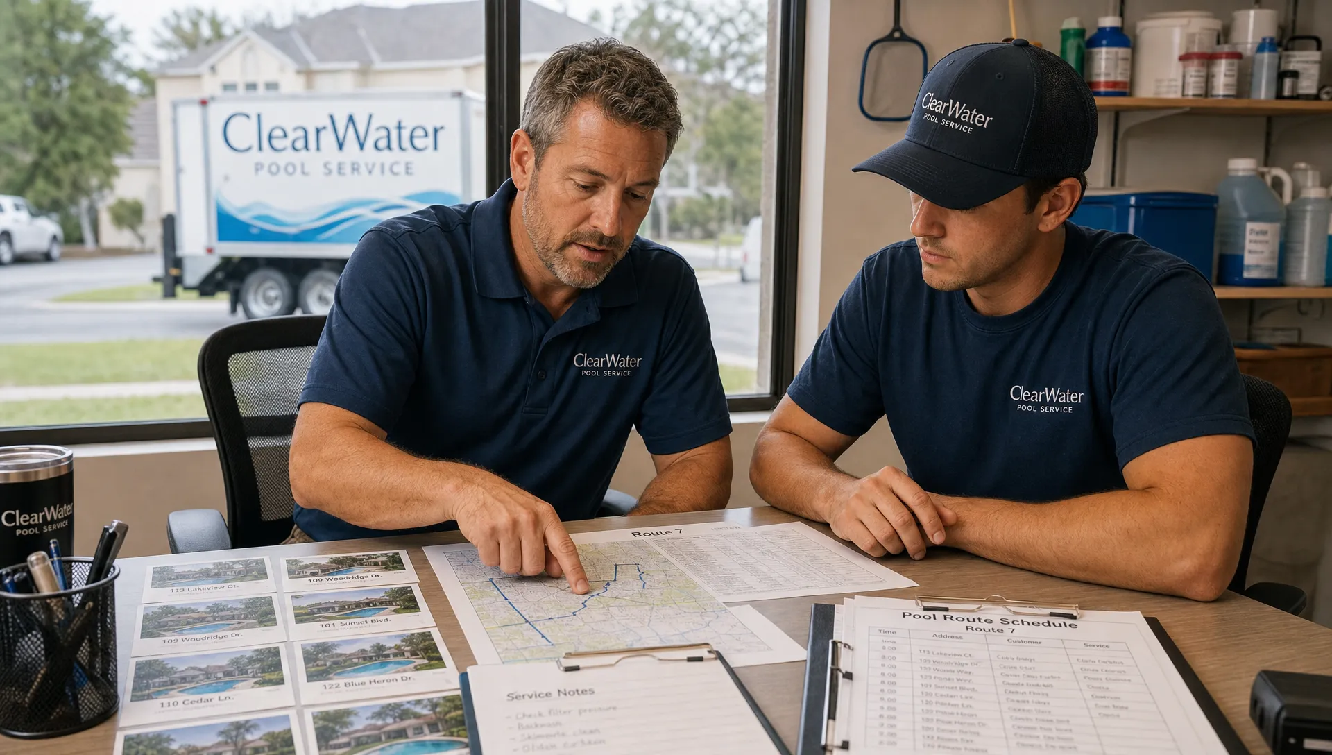 A pool service manager and technician review a neighborhood route map and service notes on an office table, with printed customer cards, a pool route schedule and a service truck visible outside the window.