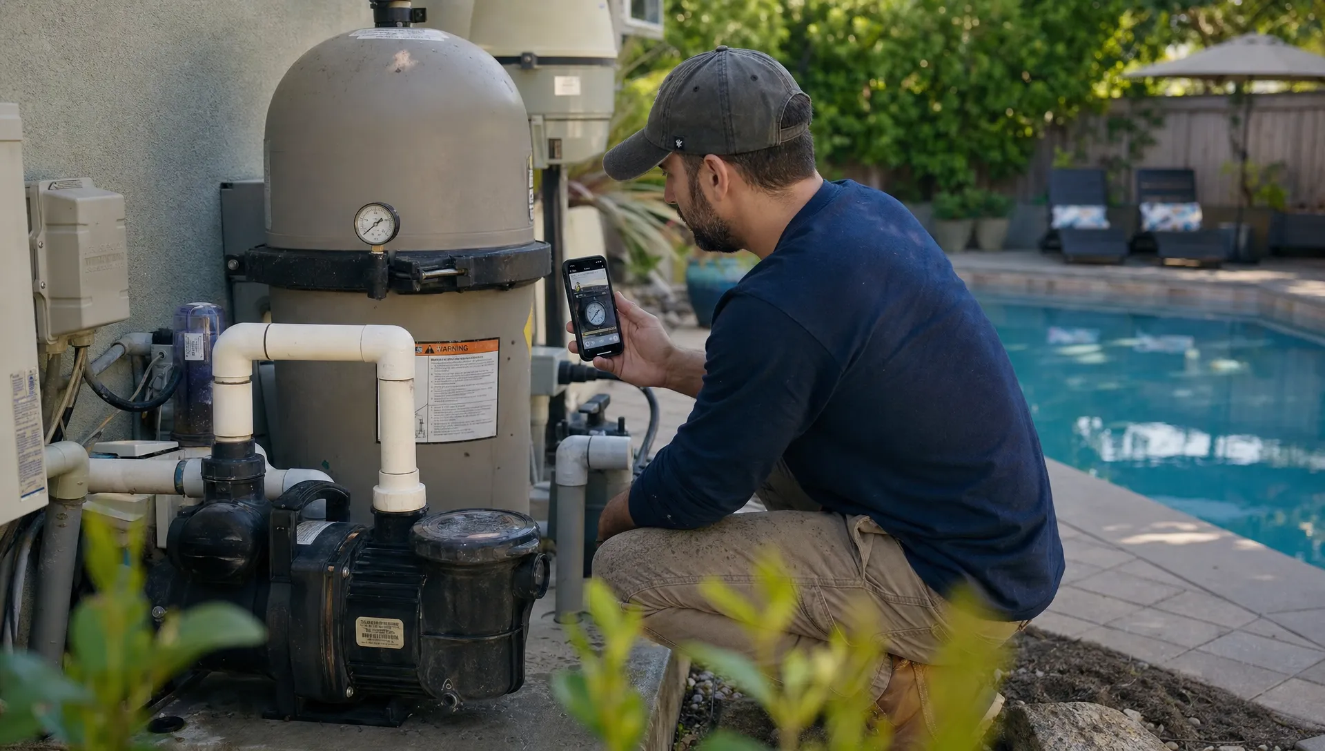 A pool technician kneeling beside a residential pool equipment pad, checking a filter gauge and photographing pump details with a mobile field app while the backyard pool is visible nearby.