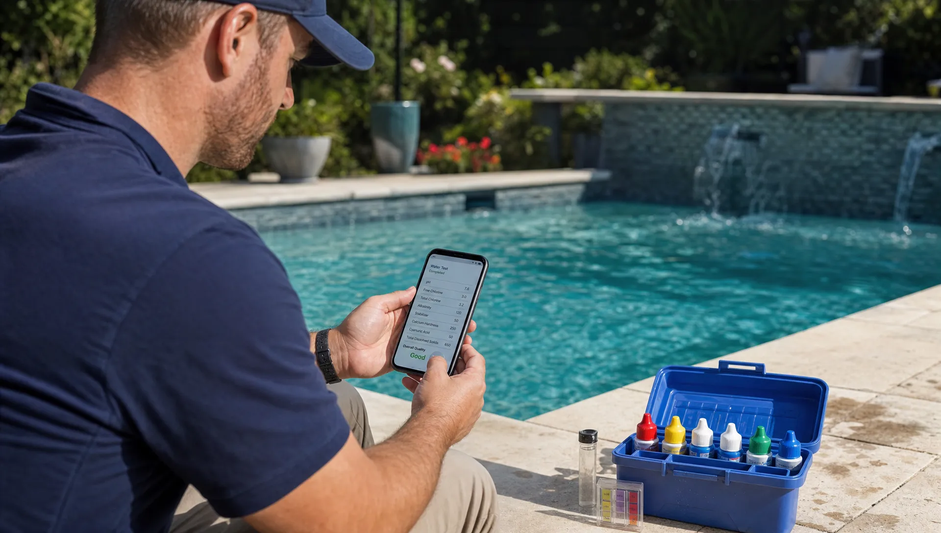 A pool contractor reviews a completed water test record on a mobile device beside a backyard pool, with a test kit and reagent bottles nearby.
