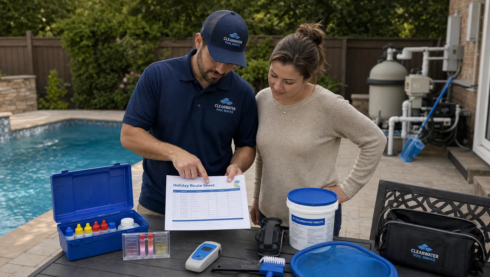 A technician and homeowner review a holiday route sheet beside a backyard pool with test kit and cleaning tools nearby.