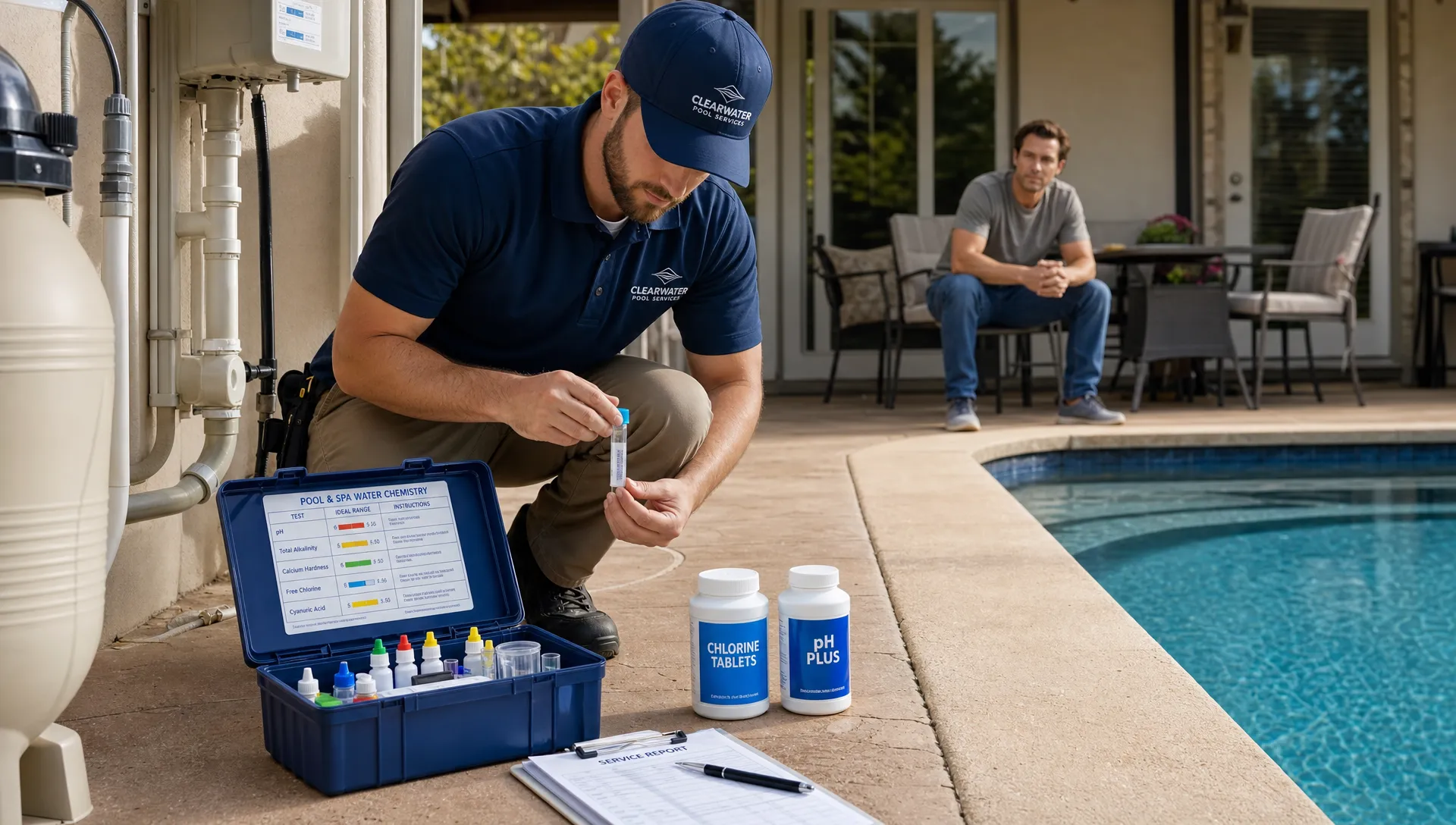 A pool service technician kneels beside a backyard swimming pool with a professional water test kit, labeled chemical containers, and service notes visible while a homeowner watches from the patio, with the equipment pad and pool edge in view.