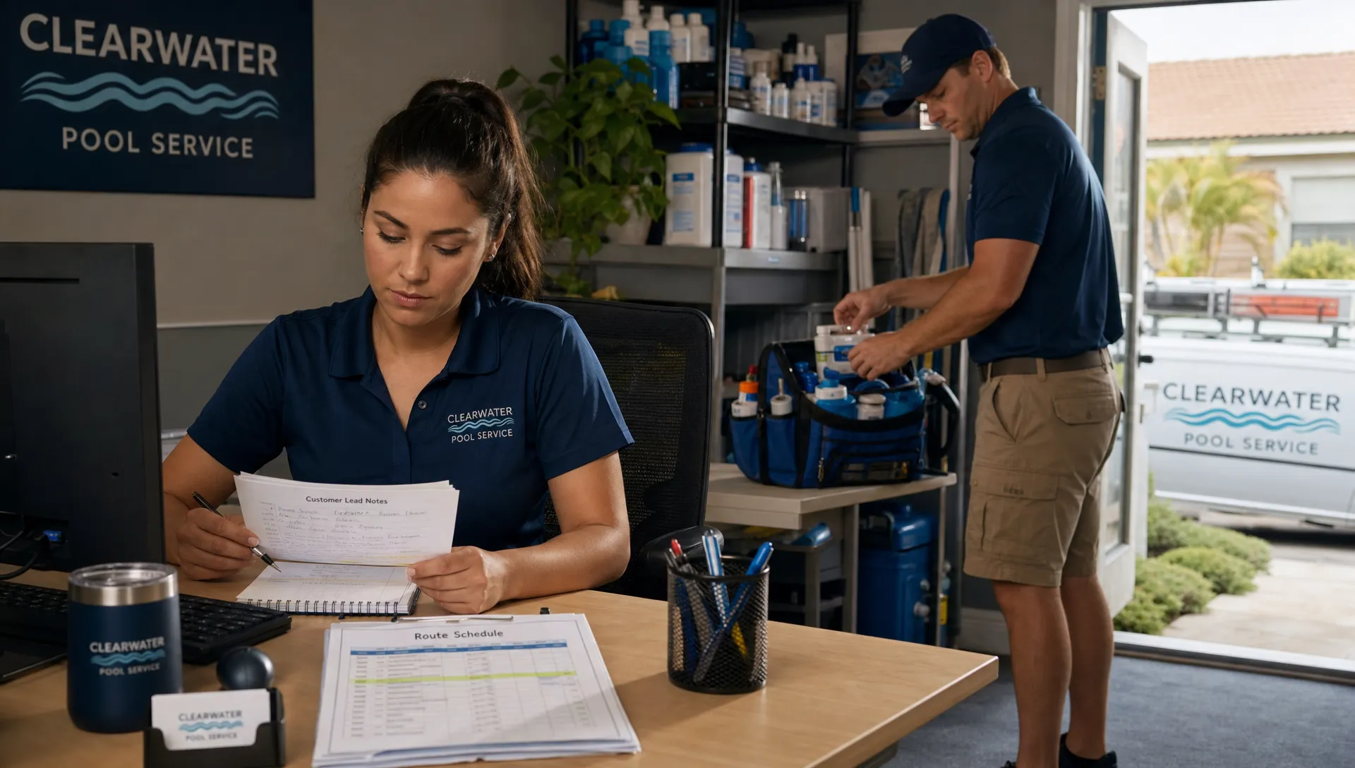 A pool service office manager reviews customer lead notes and a route schedule on a desk while a technician organizes test kits and service tools nearby before heading to a residential pool job.