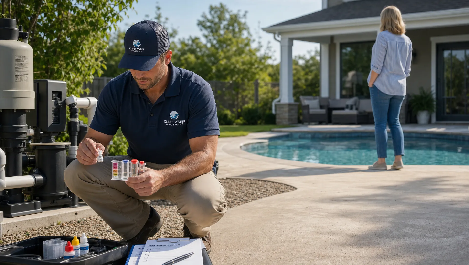 A pool service technician kneels beside backyard pool equipment with a water test kit and organized service checklist, while a homeowner stands near the patio looking toward the pool.