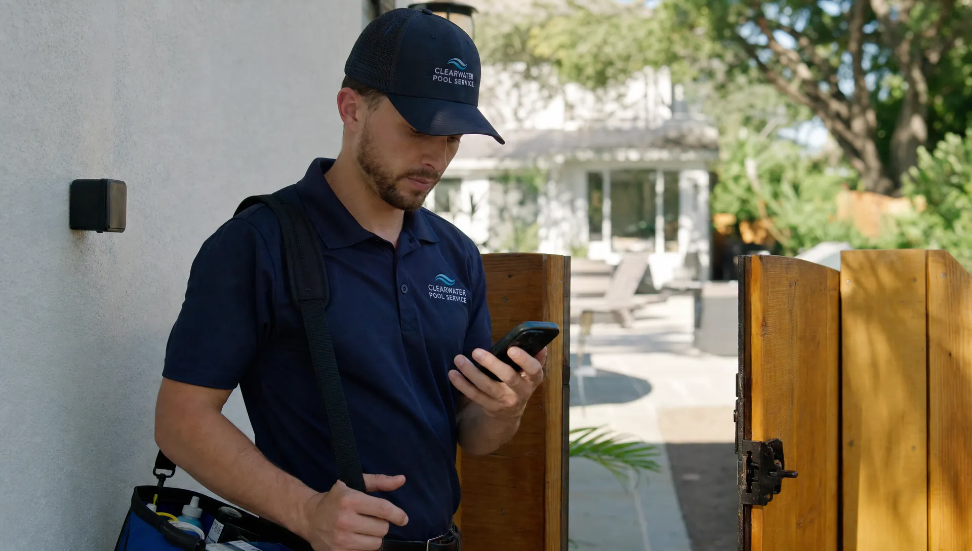 A pool service technician beside a backyard gate reviews property access instructions on a company phone while the fenced yard and pool area sit behind.