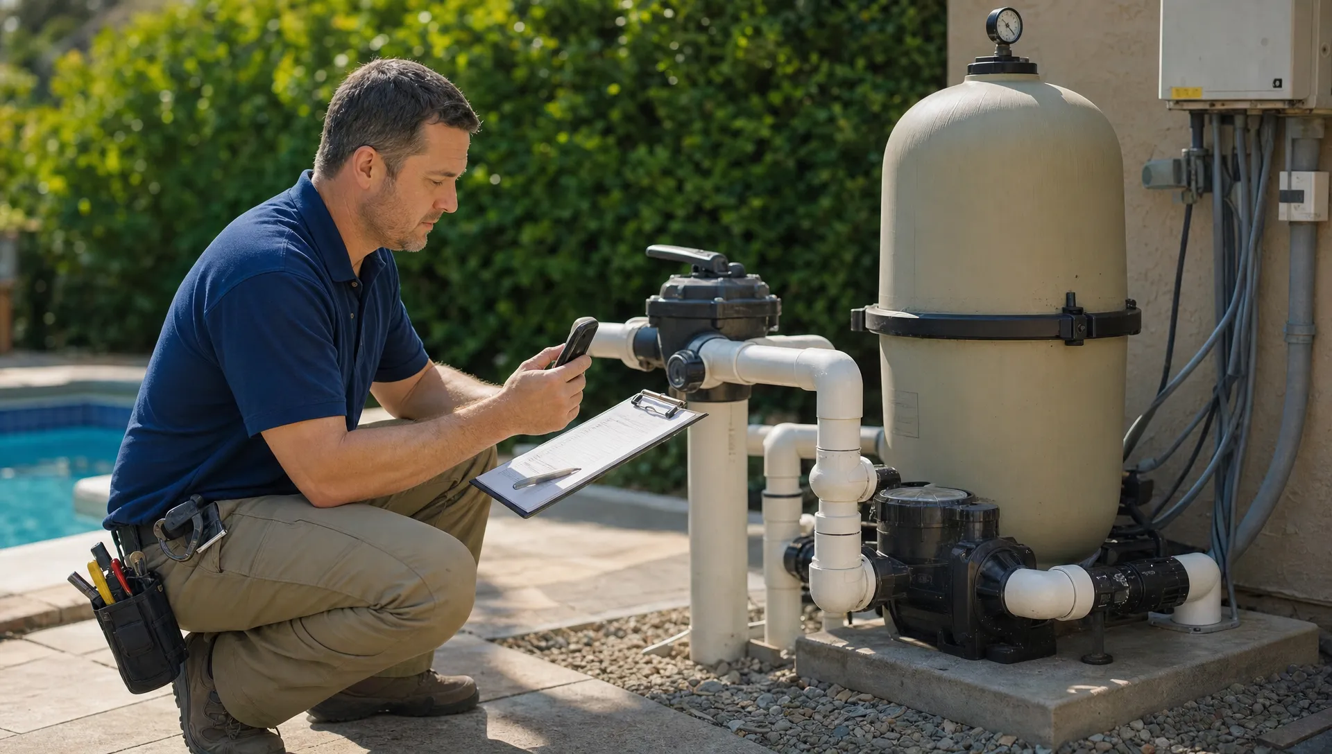 A pool technician documents repair evidence at a backyard equipment pad with a pump, filter, valves, and service notes ready for homeowner approval.