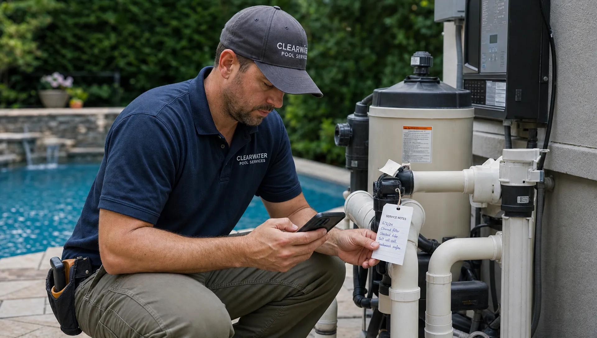 A pool contractor checks equipment labels and repair notes beside a residential pool equipment pad while gathering details for a CRM sales forecast.