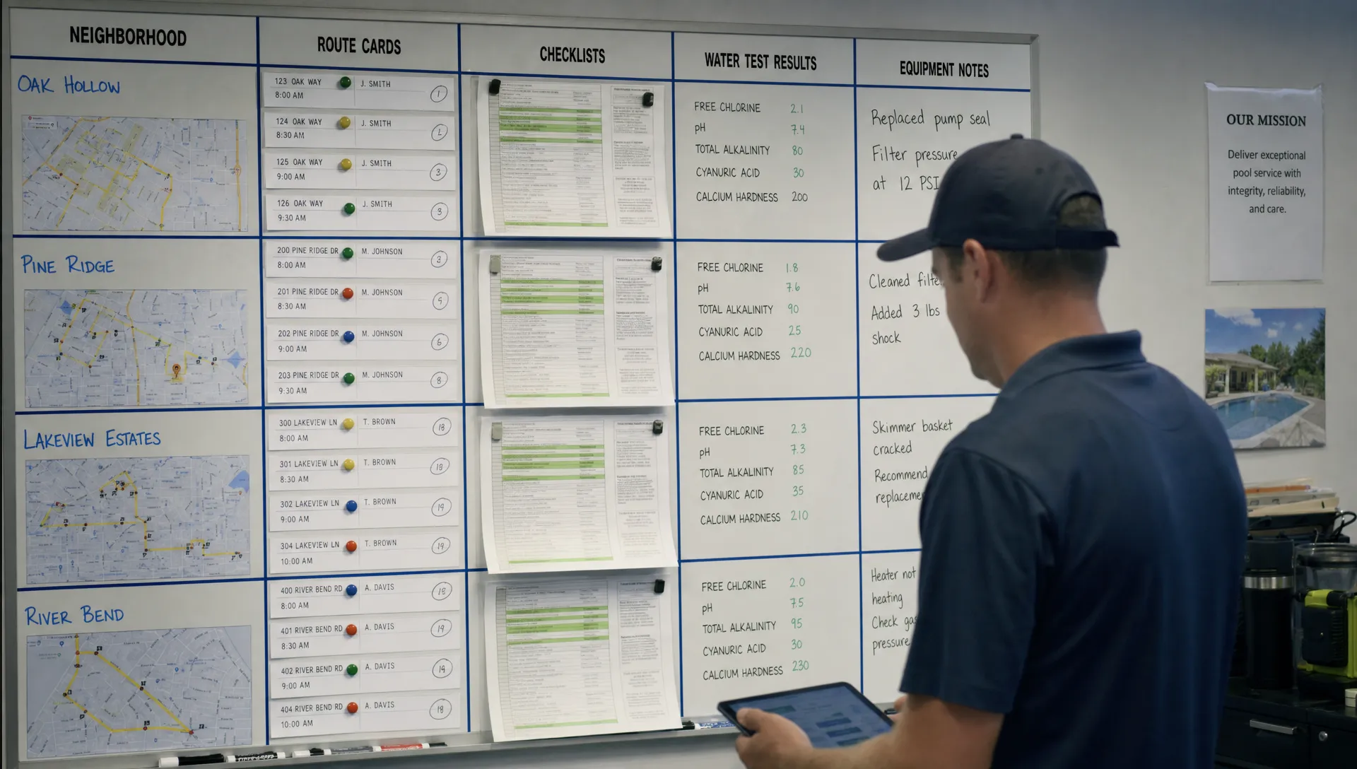 A pool service operations board shows route cards, checklists, water test results, and equipment notes grouped by neighborhood for multiple technicians.