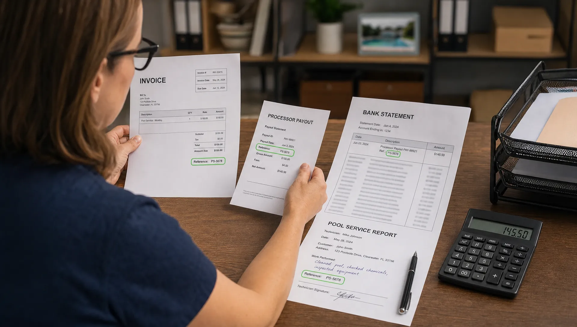 An office manager reviews an invoice, payout statement, and bank statement for pool service reconciliation.