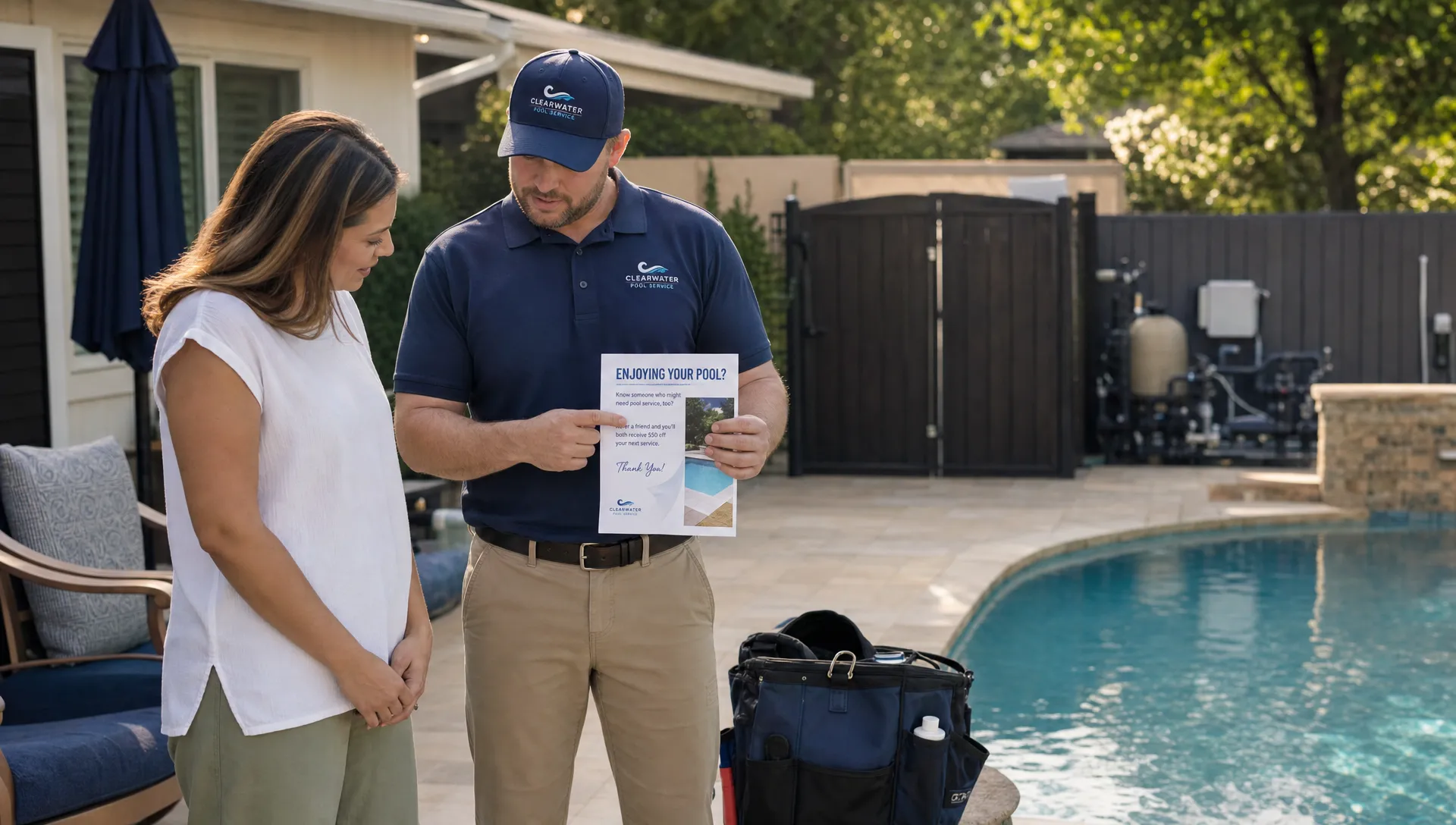 A contractor explains a referral invitation to a homeowner beside a backyard pool after service.