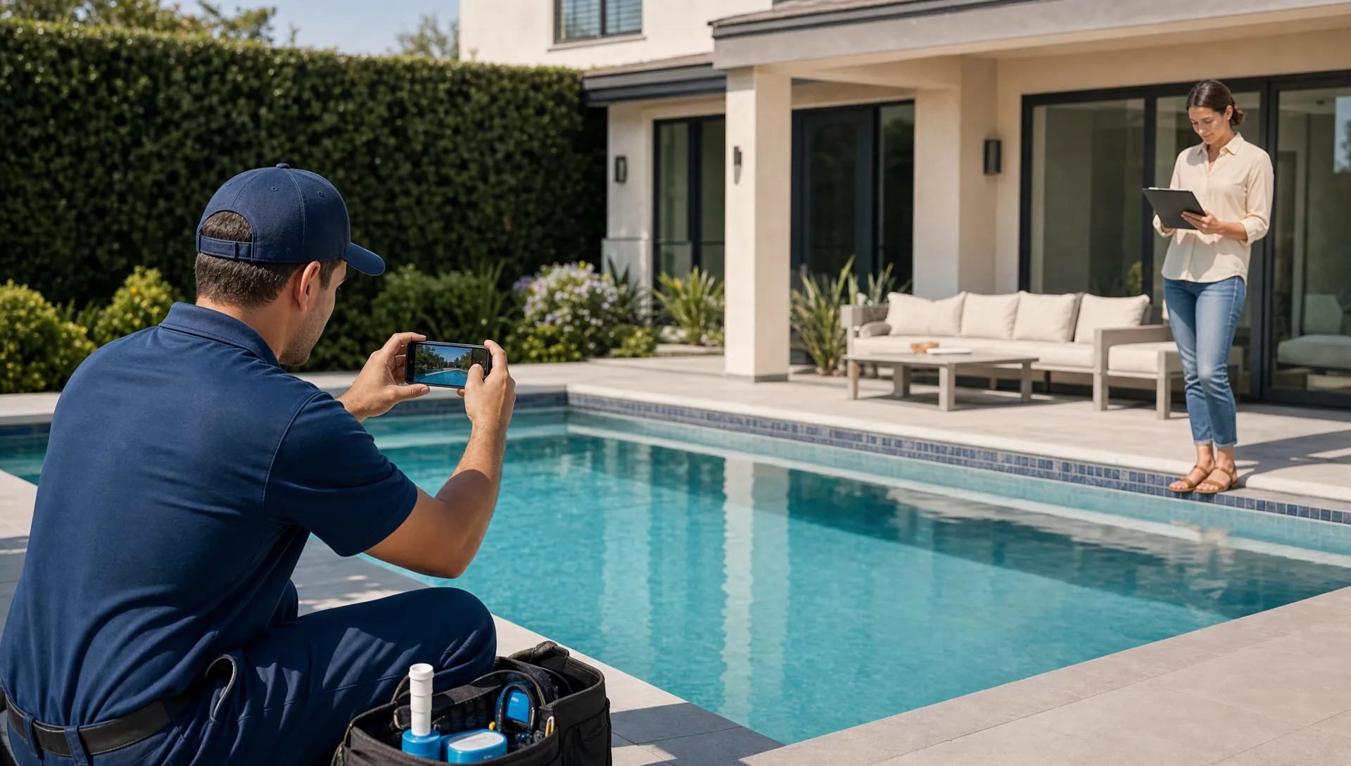 A pool service technician photographs the finished pool while the homeowner reviews the service summary nearby.