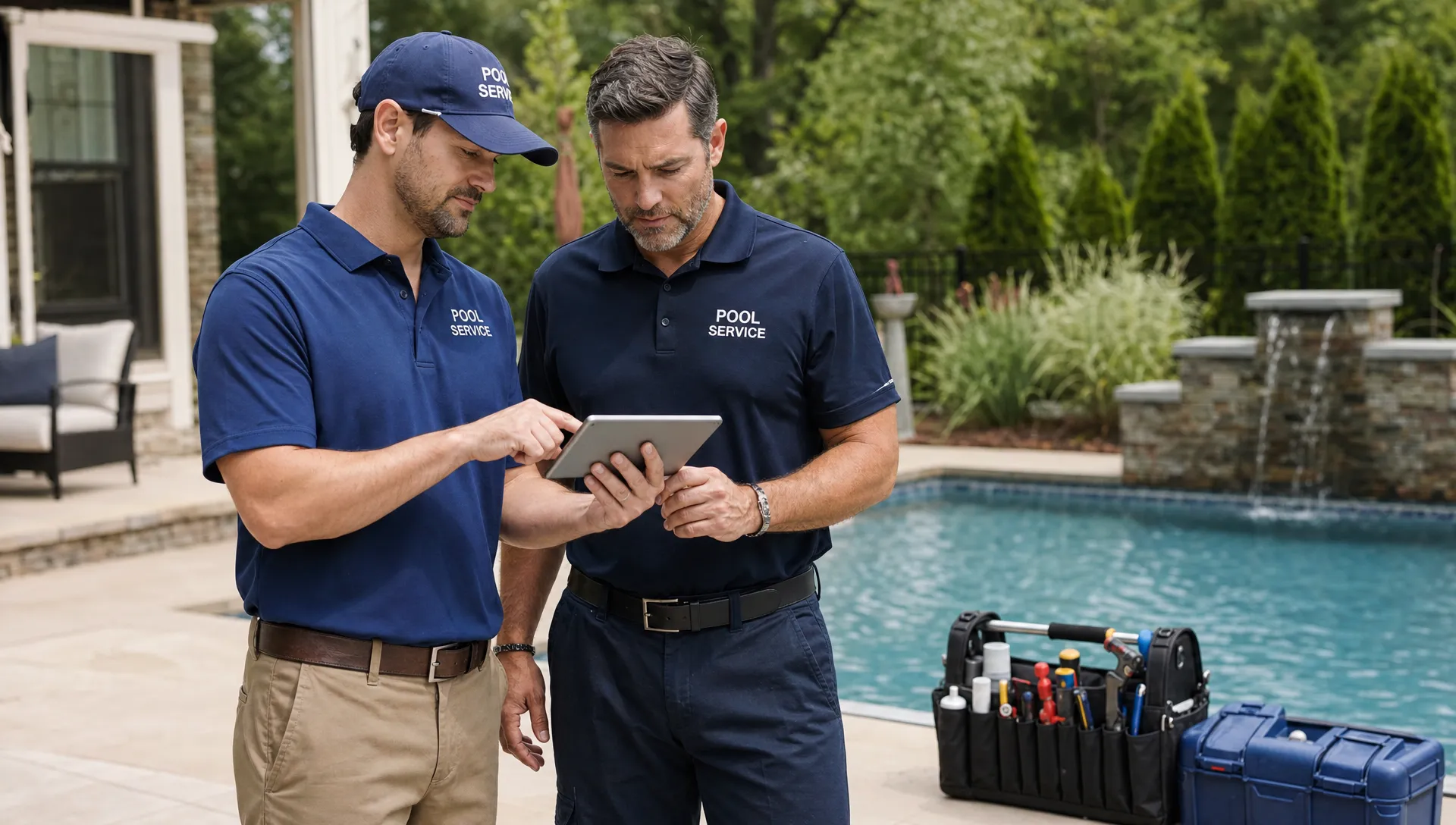 A pool service manager and technician review a CRM implementation checklist on a tablet beside a backyard pool, with service tools on the patio.