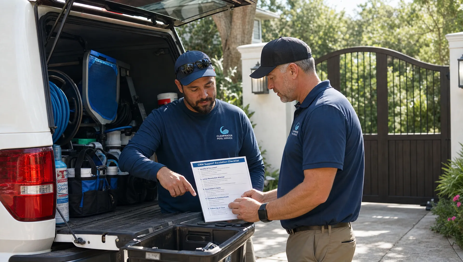 A pool service owner and technician review a CRM support checklist beside a service truck.
