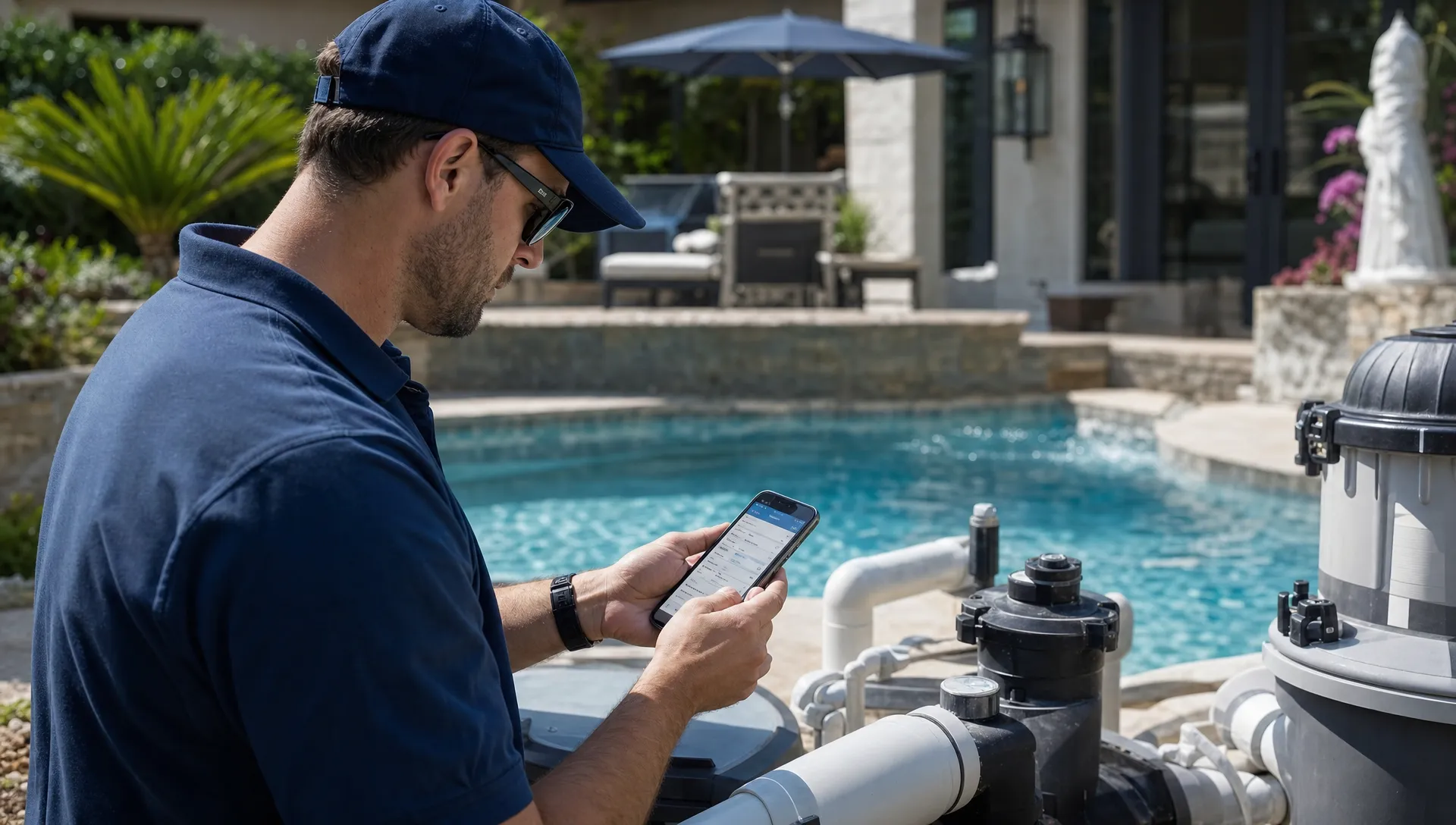 A pool service technician records water-quality results and equipment notes on a mobile app beside a residential pool.