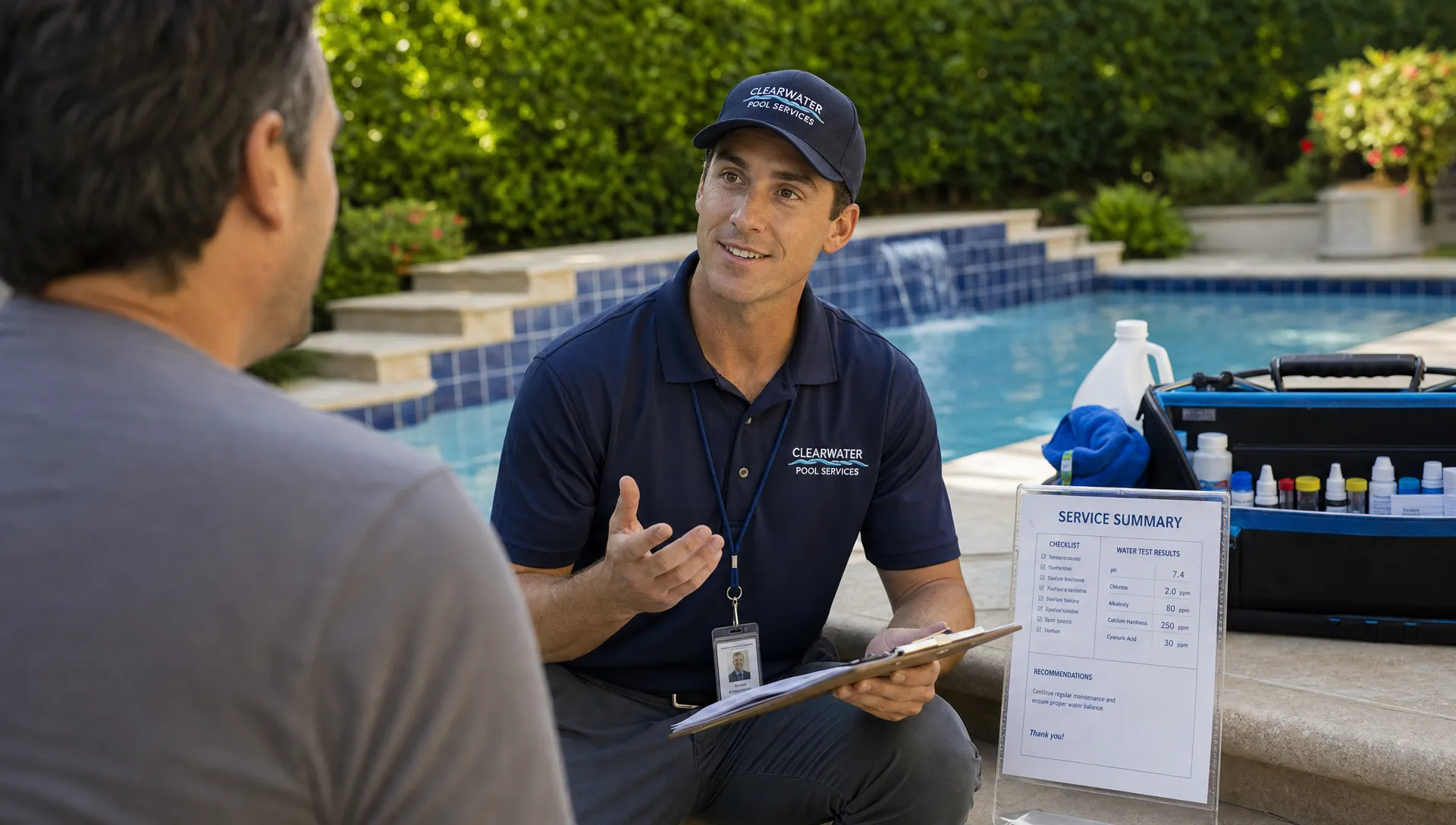 A pool service contractor standing beside a backyard pool with a service summary, a clipboard of notes, and maintenance tools organized nearby while speaking with a homeowner.