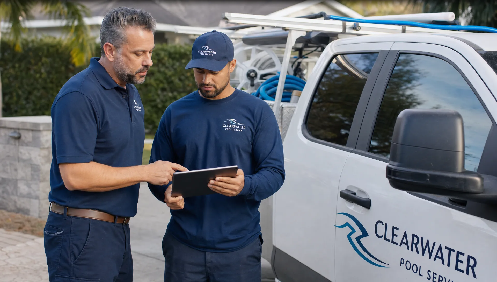 A pool service manager and technician review a tablet with the day’s route schedule and job notes beside a service truck.