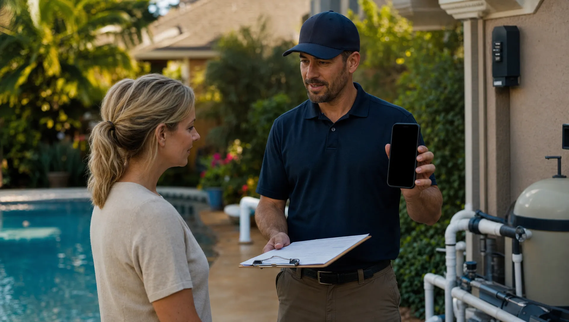 A pool service technician stands beside a residential pool discussing recent service notes with a homeowner, with the pool equipment pad, service log sheets, and a phone held toward the camera with no readable screen content visible in the backyard.
