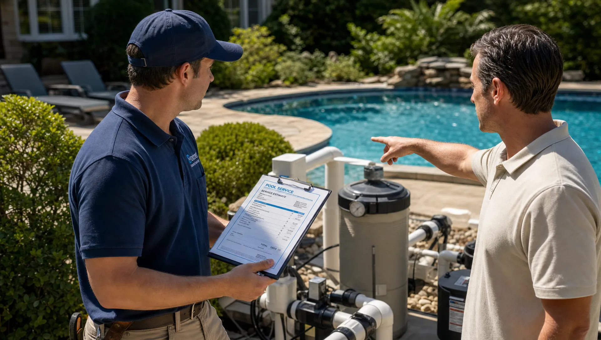 A pool service technician stands beside a backyard pool reviewing equipment at the pump and filter area while a homeowner points toward the water, with service notes and a printed estimate visible on a clipboard.