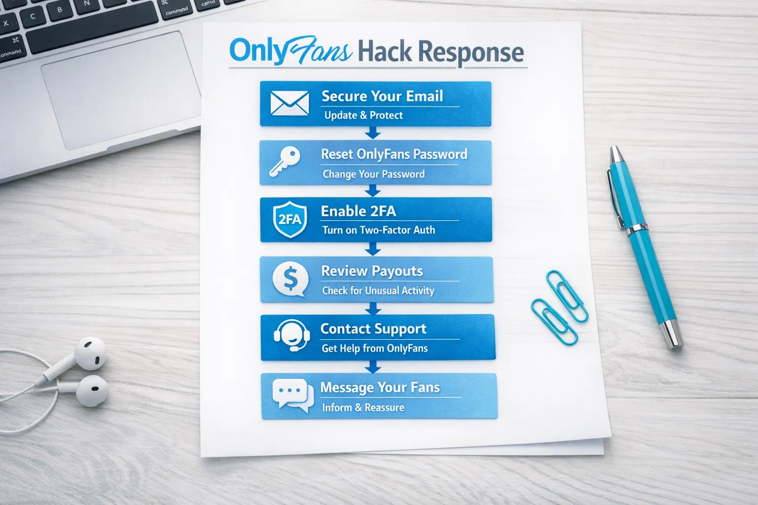 A simple creator-friendly flowchart showing an OnlyFans hack response: secure email, reset OnlyFans password, enable 2FA, review payouts, contact support, then message fans.