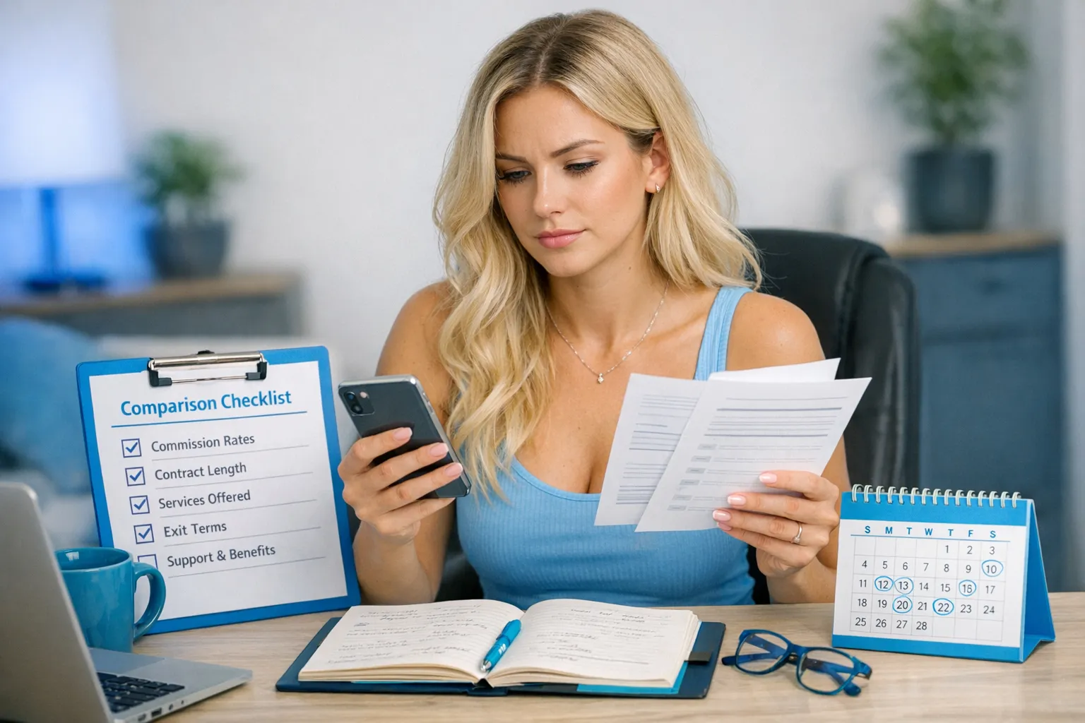 A US-based OnlyFans creator sitting at a desk with a notebook and phone, comparing agency options and contract terms, with a simple checklist and calendar visible on the desk.