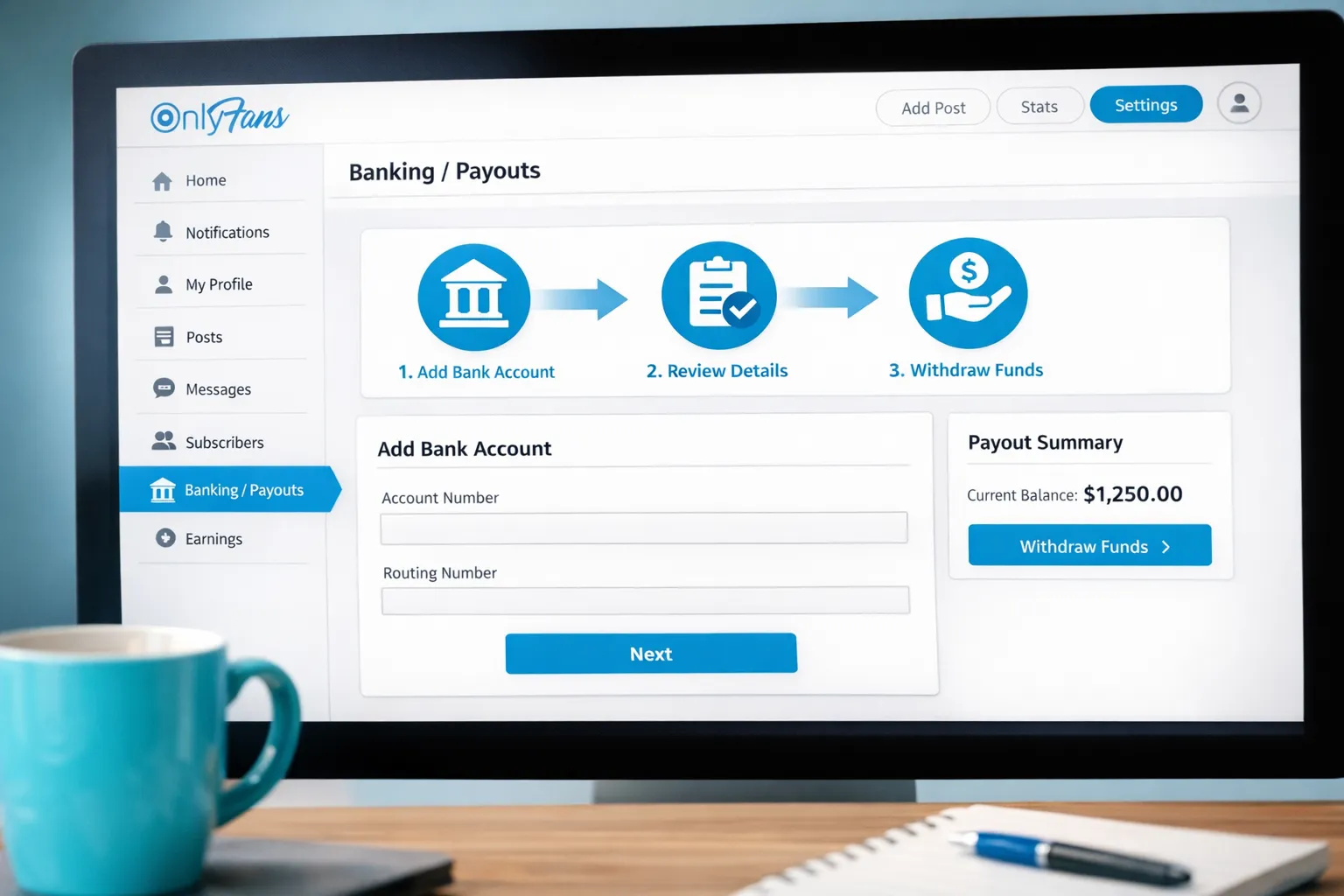 An illustrated view of an OnlyFans creator dashboard showing a highlighted “Banking/Payouts” settings section and a simple flow: add bank account, review details, withdraw. No explicit content is shown.
