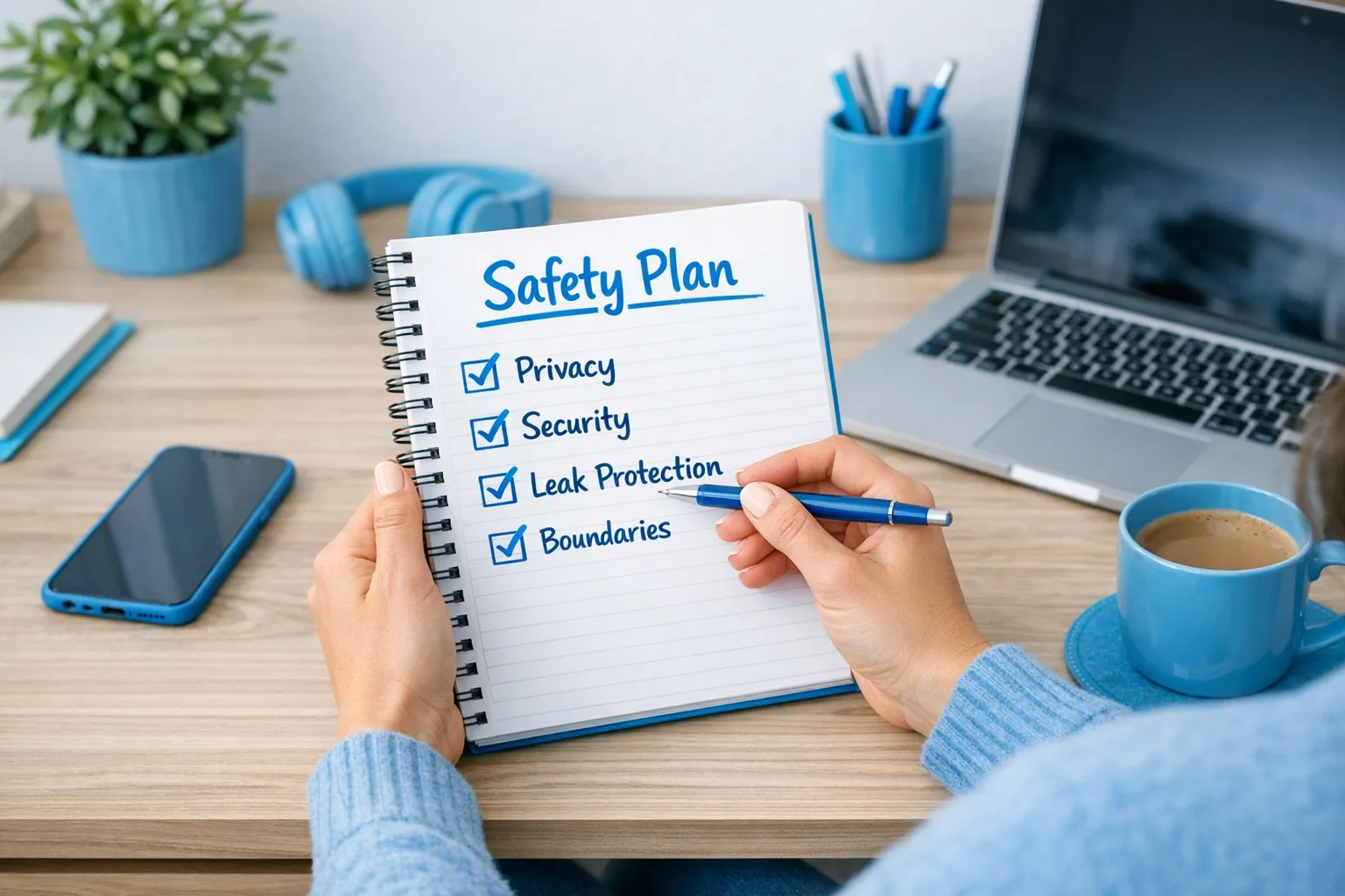 A female creator at a desk with a notebook labeled “Safety Plan,” showing a simple checklist: Privacy, Security, Leak Protection, Boundaries. A phone and laptop are on the desk, and the environment feels calm and organized.