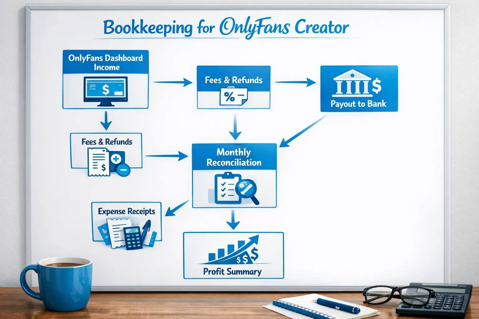 A simple bookkeeping flowchart for an OnlyFans creator showing: OnlyFans dashboard income, fees/refunds, payout to bank, expense receipts, and monthly reconciliation into a profit summary.