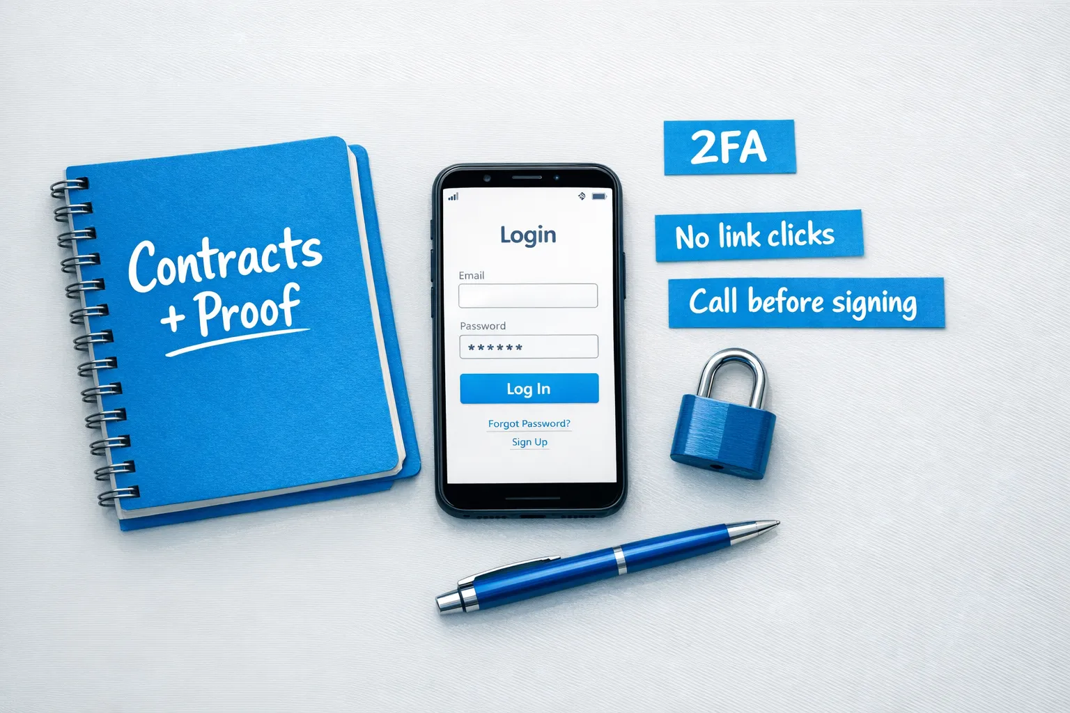 A creator safety checklist scene with a phone showing a login screen, a notebook labeled “Contracts + Proof,” a small lock icon, and simple labels like “2FA,” “No link clicks,” and “Call before signing,” arranged as a clean flat-lay.