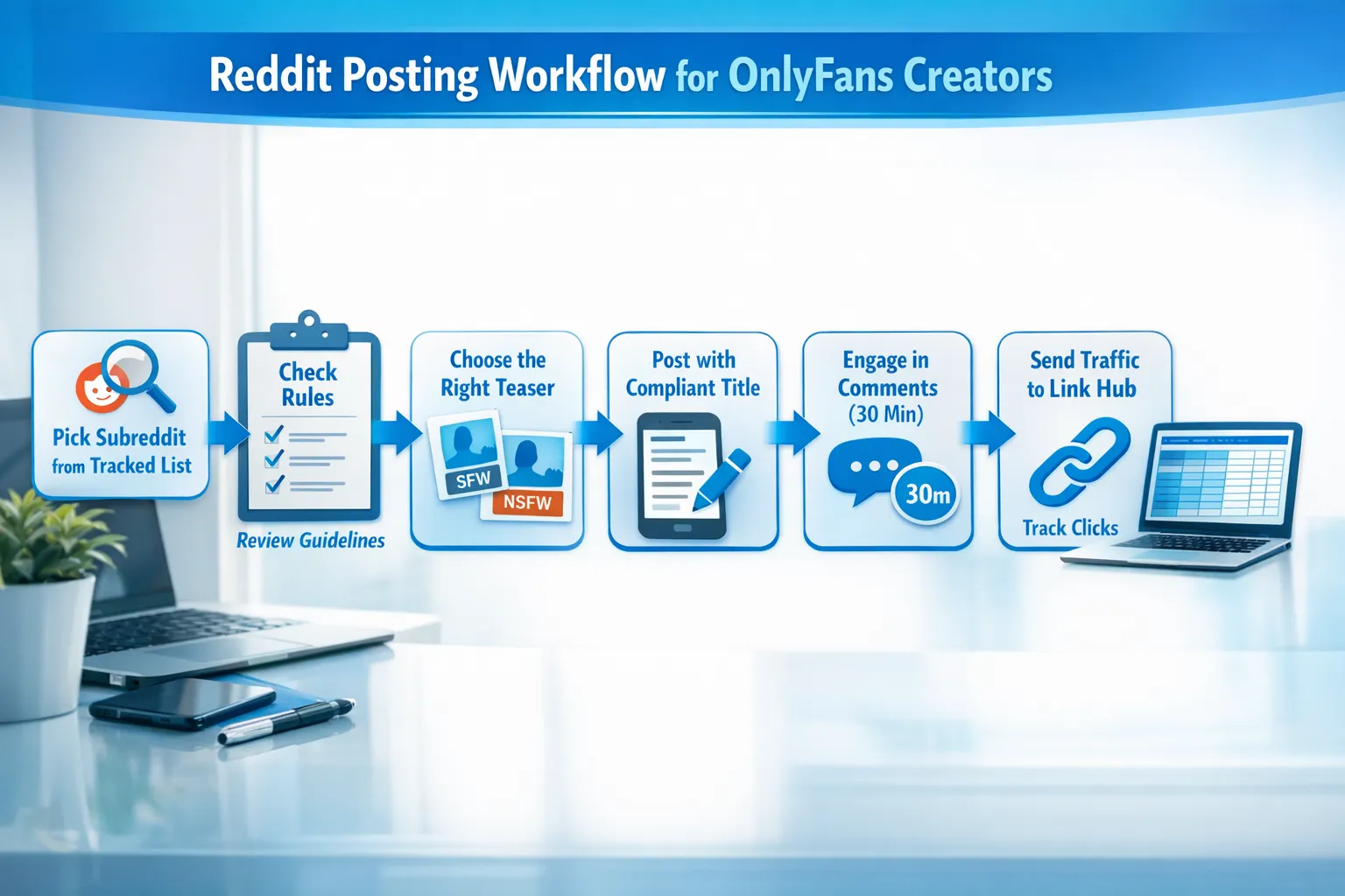 A simple flow diagram showing a Reddit posting workflow for OnlyFans creators: pick subreddit from a tracked list, check rules, choose the right teaser version, post with compliant title, engage in comments for 30 minutes, then send traffic to a profile link hub with tracking, and finally log results in a spreadsheet.
