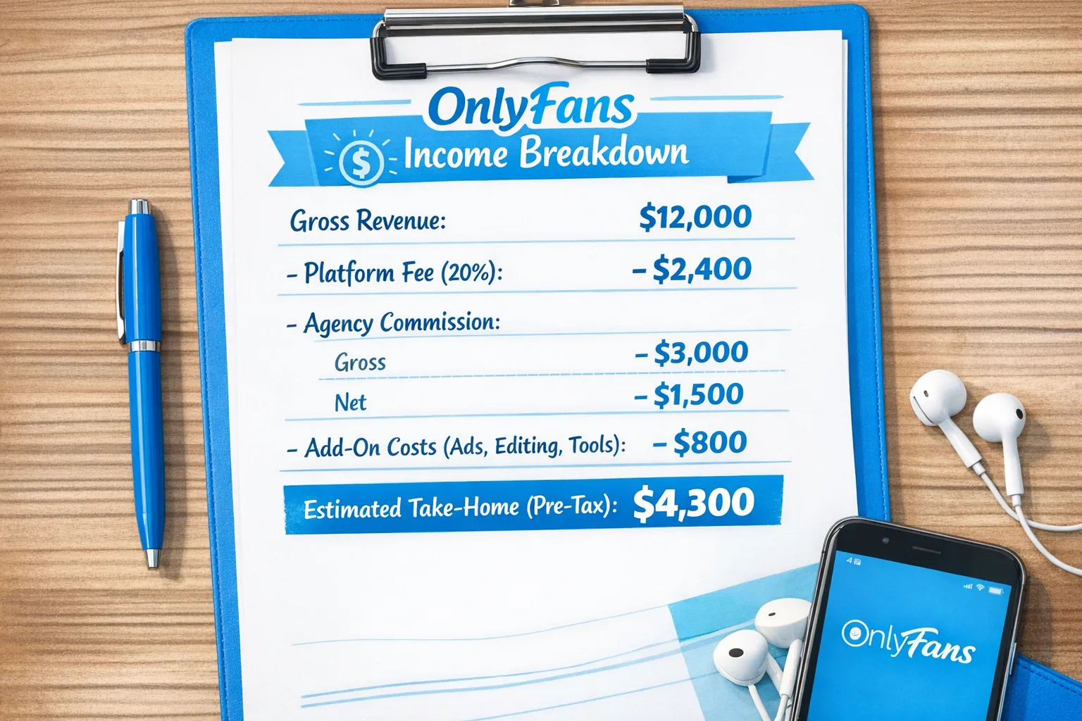 A simple worksheet-style graphic showing an OnlyFans income breakdown: Gross revenue at the top, then minus platform fee, minus agency commission (gross vs net), minus add-on costs (ads, editing, tools), resulting in “estimated take-home (pre-tax)”.