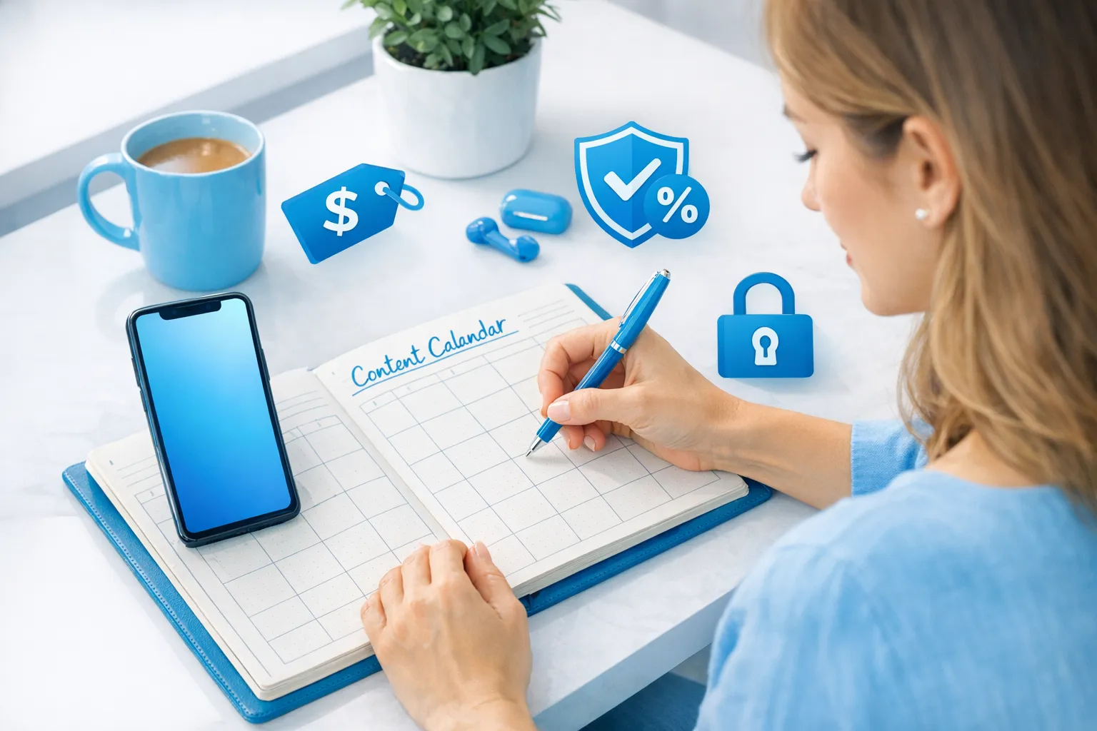A calm, professional scene of a female creator planning her content calendar on a notebook beside a phone, with icons representing pricing, commission, and security/privacy (a lock). The phone screen should face the viewer but show no readable app UI.