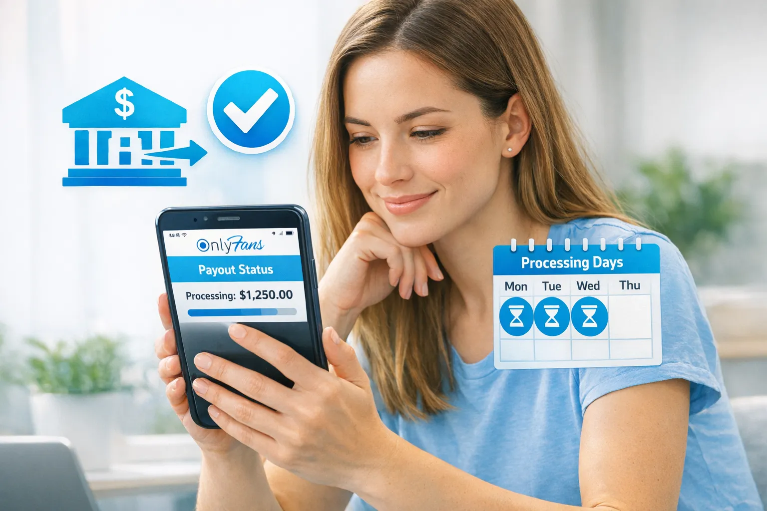A simple illustration of a creator checking OnlyFans payout status on a phone, with icons for bank transfer, verification check, and a calendar showing processing days.