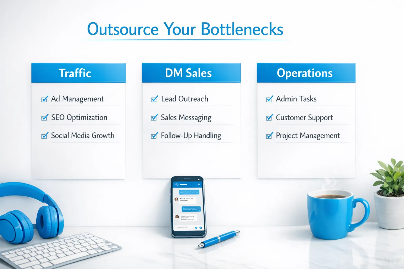 A clean, minimal comparison graphic showing three columns labeled “Traffic,” “DM Sales,” and “Operations,” with short examples under each, representing the main bottlenecks creators outsource.