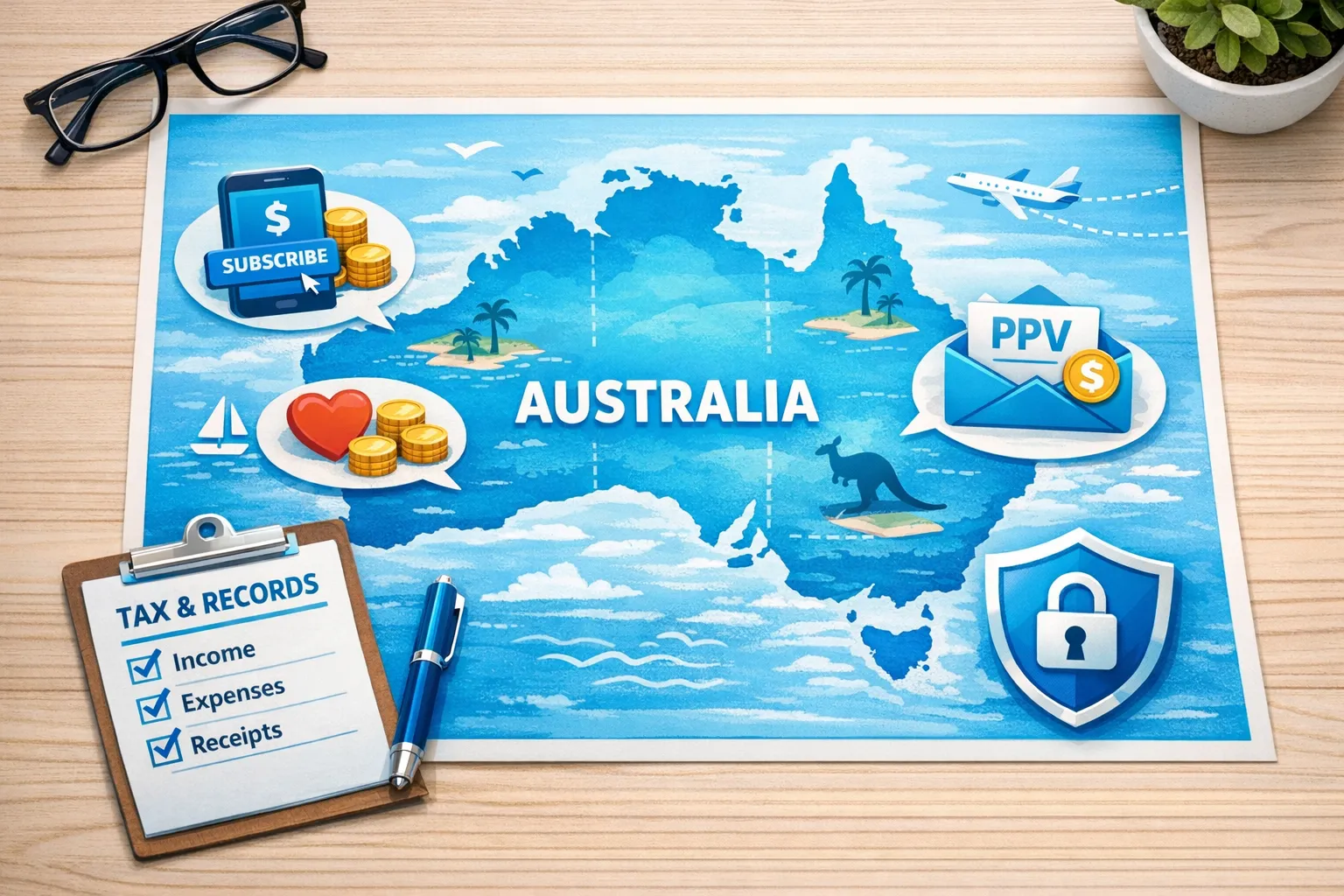 An illustrated map of Australia with small icons representing earnings streams (subscriptions, tips, PPV messages), a checklist for taxes/records, and a shield icon for privacy and leak protection.
