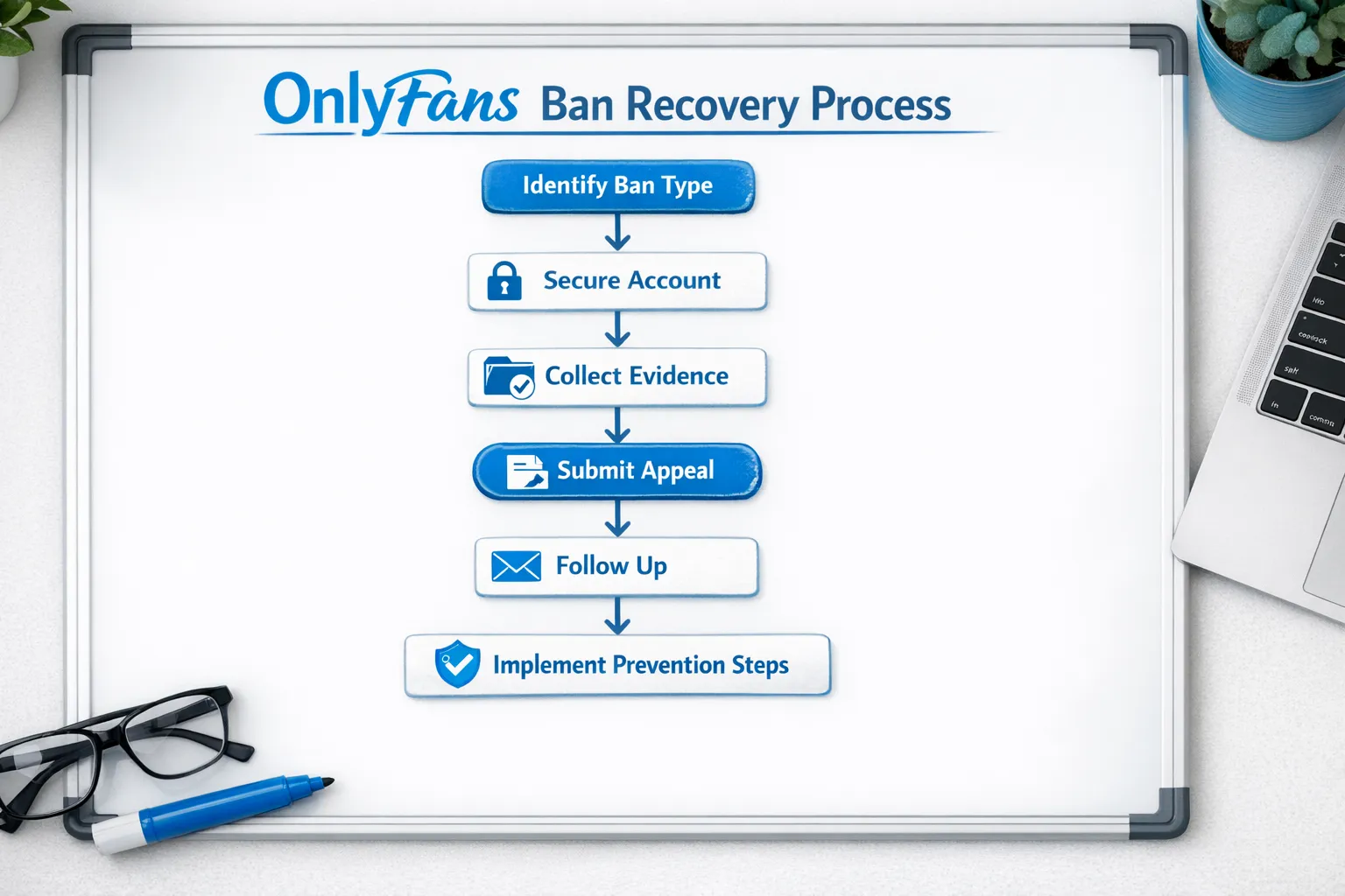 Un diagrama de flujo sencillo que muestra un proceso de recuperación tras un baneo en OnlyFans: identificar el tipo de baneo, asegurar la cuenta, recopilar pruebas, enviar la apelación, hacer seguimiento e implementar medidas de prevención.