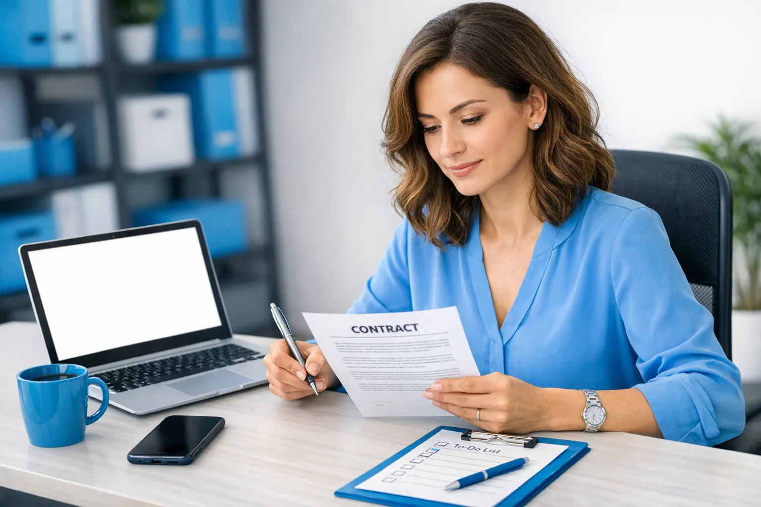 A confident female creator sits at a tidy desk reviewing a contract on paper, with a laptop open (screen facing the correct direction, blank content), a checklist notepad, and a phone nearby, conveying careful decision-making and privacy-minded professionalism.