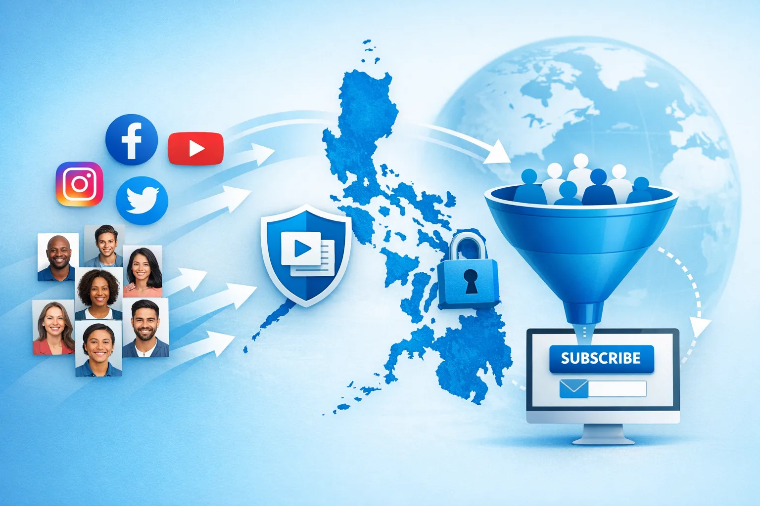 A simple illustration of the Philippines map with a privacy lock icon, a content shield icon, and arrows showing an international audience funnel from social media to a subscription platform.