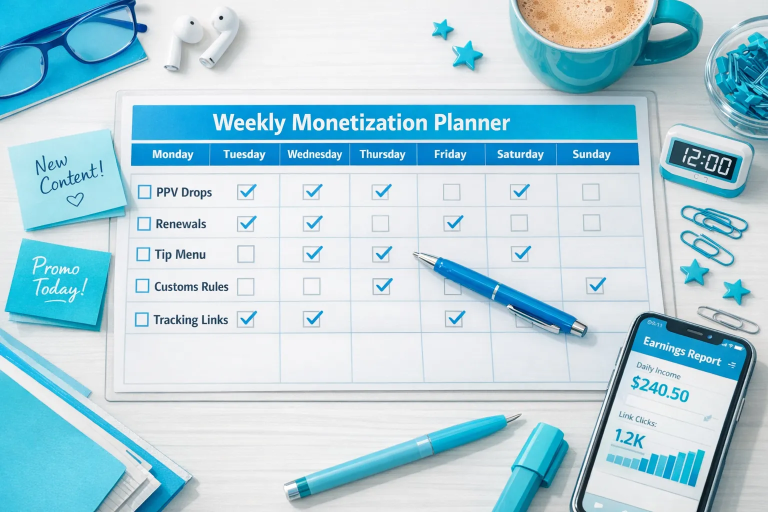 A creator-friendly checklist layout showing monetization tasks like PPV drops, renewals, tip menu, customs rules, and tracking links, arranged as a weekly planner.