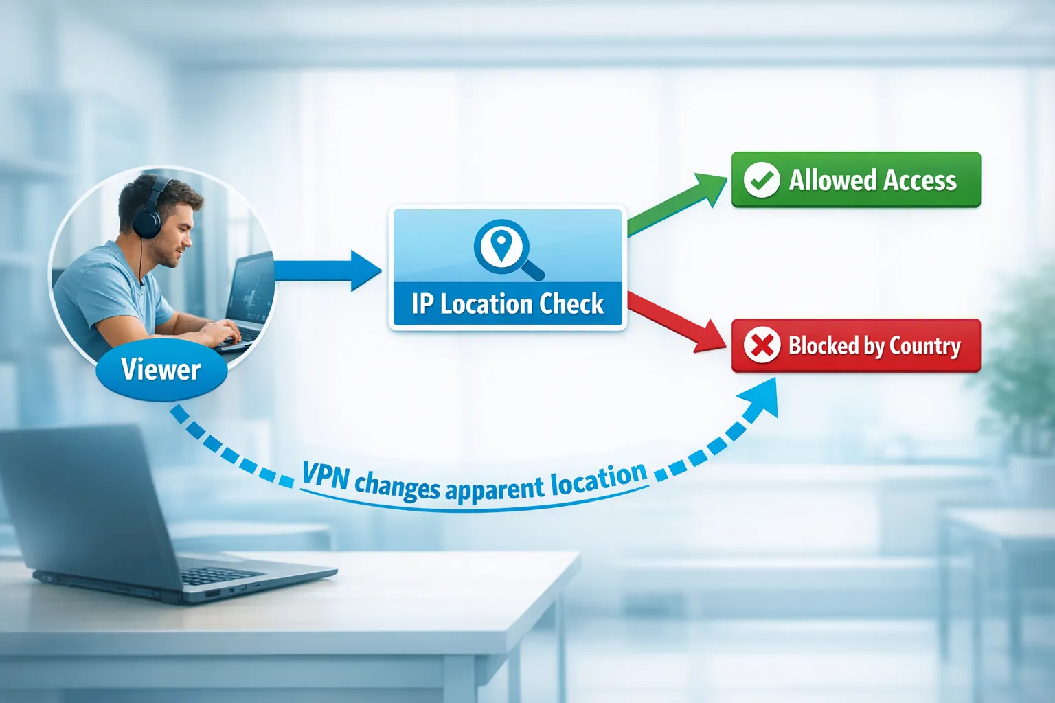 A simple diagram showing “Viewer” going through “IP location check” leading to either “Allowed access” or “Blocked by country,” with a separate arrow labeled “VPN changes apparent location.”