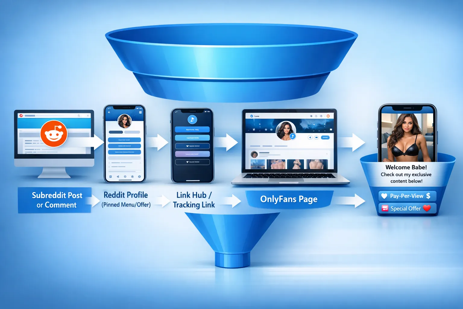 A simple funnel diagram showing: Subreddit post or comment → Reddit profile (pinned menu/offer) → link hub or tracking link → OnlyFans page → welcome message + PPV/upsell.
