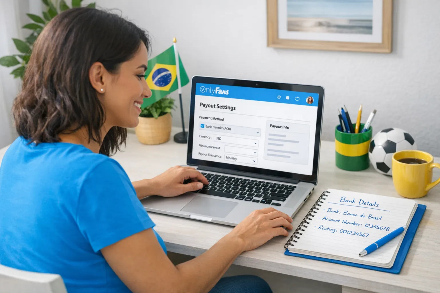A Brazilian creator reviewing OnlyFans payout settings on a laptop at a tidy home desk, with a notebook showing bank details and a subtle Brazil-themed element like green and yellow decor.