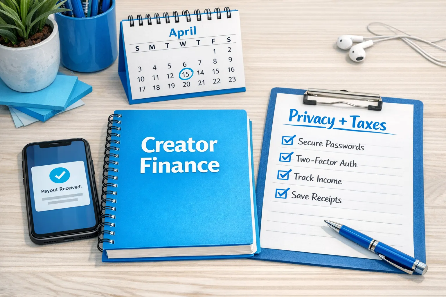 A calm, organized workspace with a notebook labeled “Creator Finance,” a phone showing a generic payout notification (screen facing upright with no readable text), a small desk calendar, and a checklist page titled “Privacy + Taxes,” symbolizing organized creator operations and safety.
