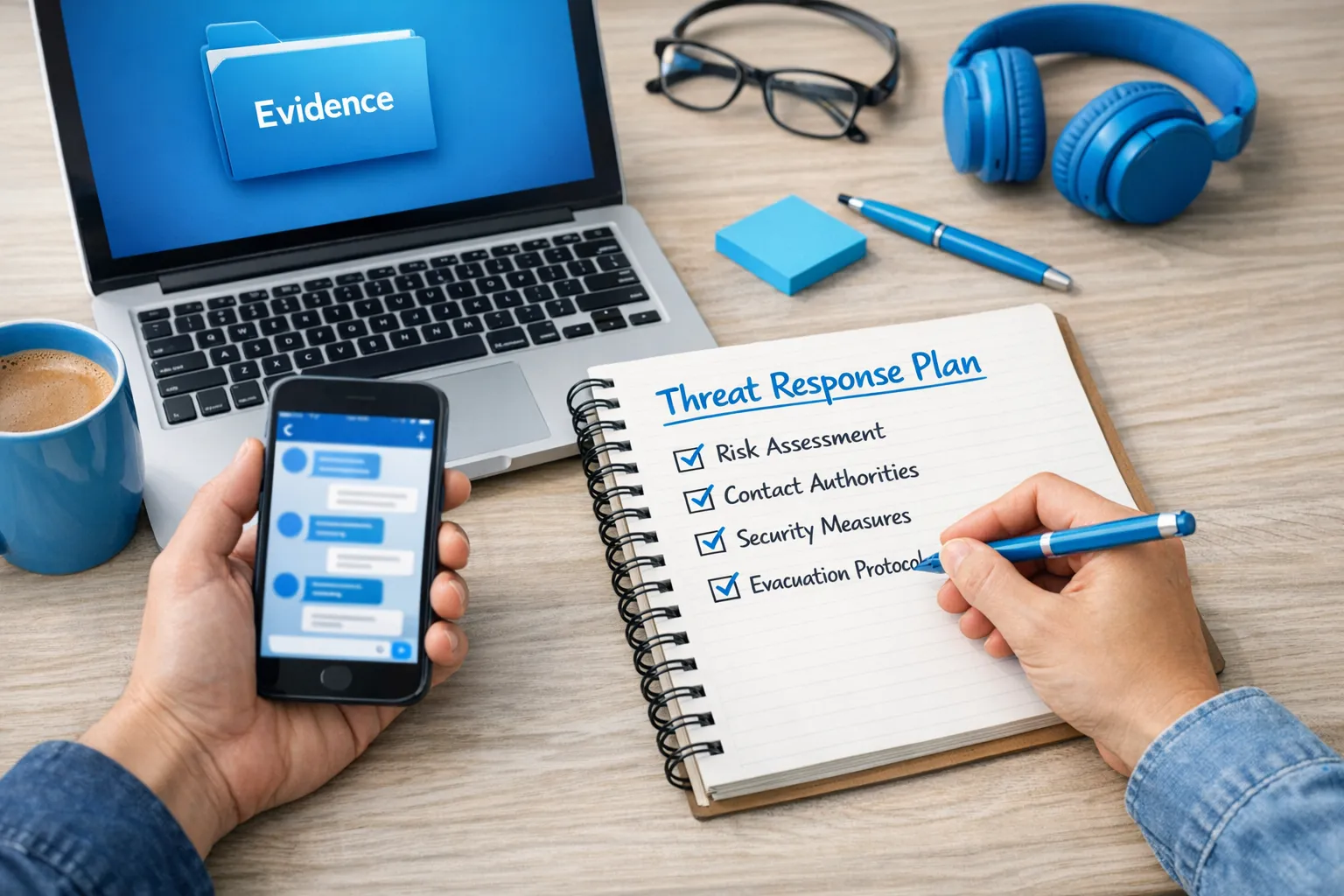 A creator at a desk with a notebook checklist titled “Threat Response Plan,” a phone showing a blurred chat screenshot (screen facing the right direction), and a laptop with a folder labeled “Evidence,” conveying calm documentation and safety planning.