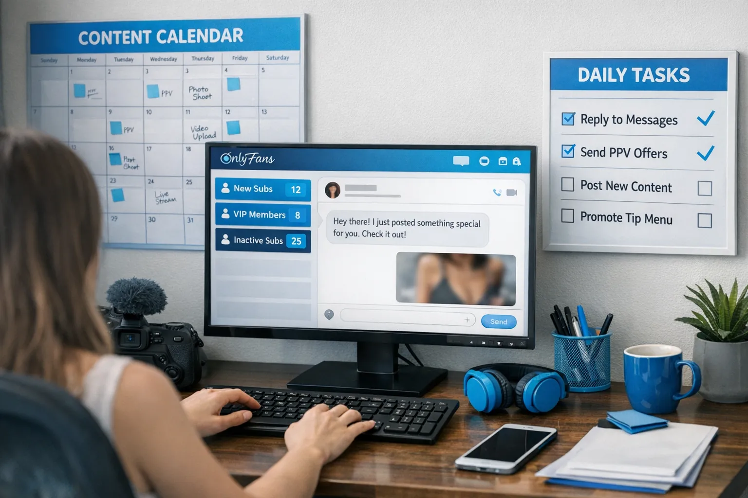 A behind-the-scenes view of an OnlyFans creator’s business workflow, showing a content calendar, chat segments like “new subs,” “VIP,” and “inactive,” and a simple dashboard-style checklist for daily DM tasks and PPV offers.