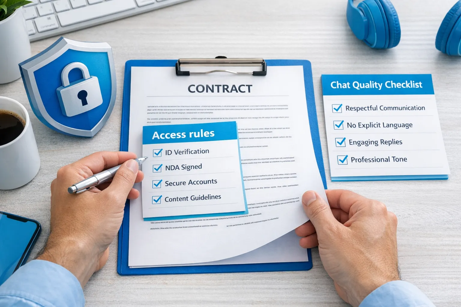 A simple safety-focused checklist scene: a creator reviewing a contract page, a security lock icon, a list titled “Access rules,” and a chat quality checklist, representing safe hiring of an OnlyFans chatter.