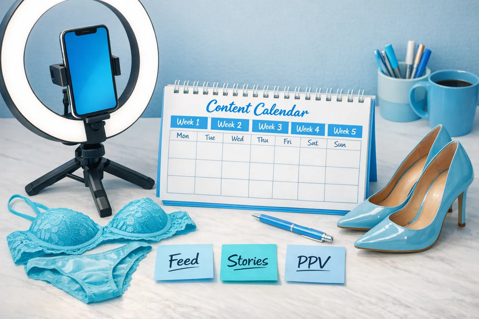 A creator-friendly content planning scene with a smartphone on a tripod, a ring light, a notebook showing a 4-week content calendar, and simple props like lingerie, heels, and sticky notes labeled “Feed,” “Stories,” and “PPV.”